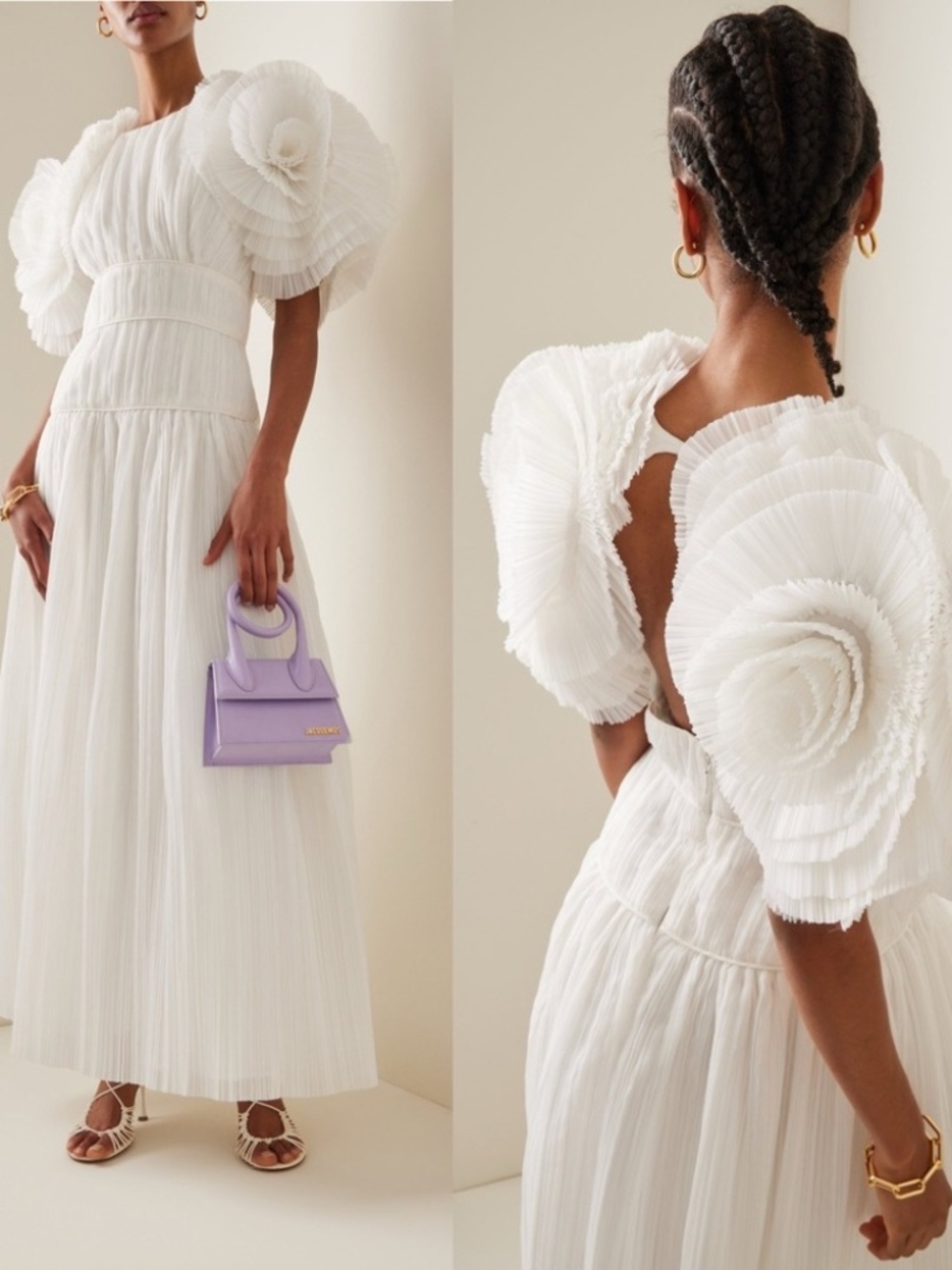 Aje Sculptura Expressive Ruffle Detailed Pleated Organza Maxi Dress White Bridal